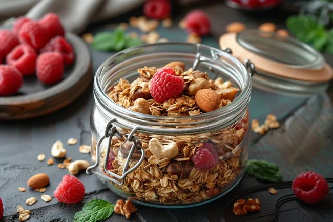 Leckeres Müsli mit Himbeeren und Nüssen