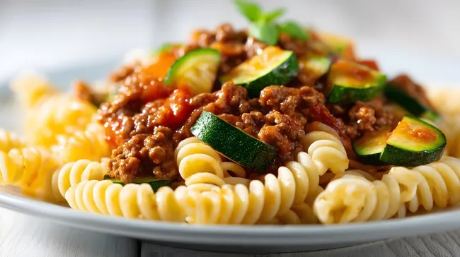 Leckeres Nudelgericht mit Hackfleischsoße und Zucchini