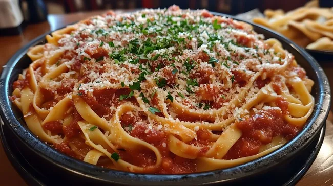 Leckeres Nudelgericht mit Tomatensauce und Parmesan