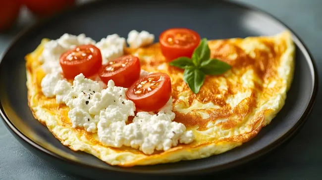 Leckeres Omelett mit Hüttenkäse und reifen Tomaten