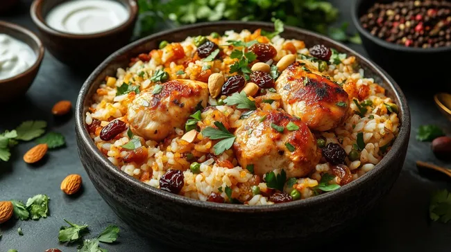 Leckeres orientalisches Reisgericht mit Hähnchen und Rosinen