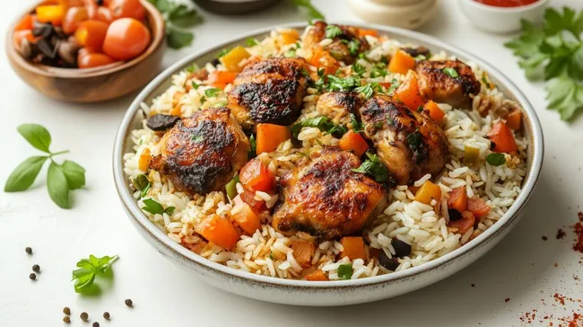 Leckeres orientalisches Reisgericht mit Hühnchen und Gemüse