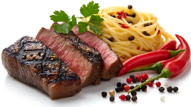 Leckeres Pasta-Gericht mit Fleischstück und Chili