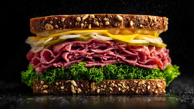 Leckeres Pastrami-Sandwich mit Salat auf Vollkornbrot