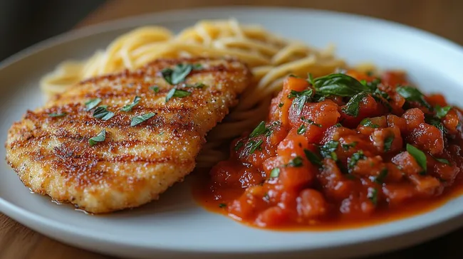 Leckeres Piccata Milanese mit Spaghetti und Tomatensauce