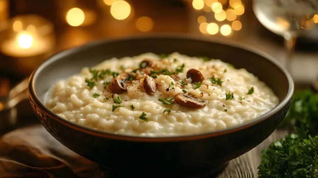 Leckeres Pilz-Risotto mit Kräutern in gemütlicher Atmosphäre