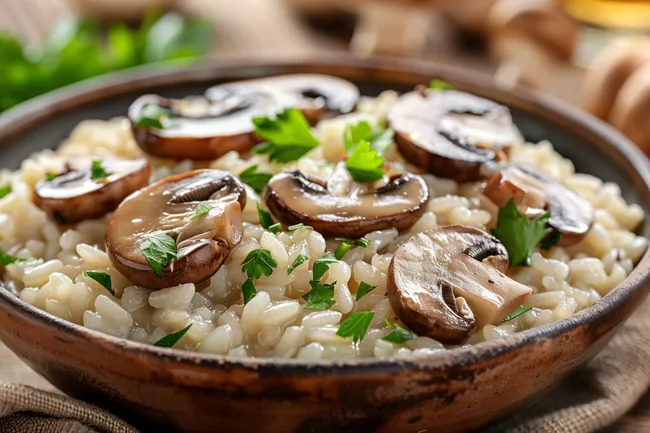 Leckeres Pilzrisotto in einer Keramikschüssel