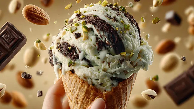 Leckeres Pistazie-Schokoladen-Eis auf Waffel