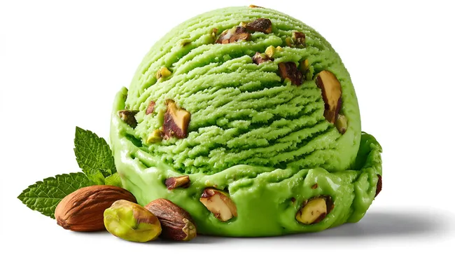 Leckeres Pistazieneis mit ganzen Nüssen und Minze