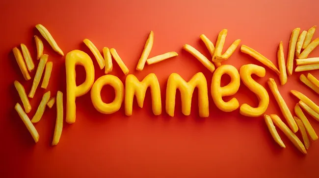 Leckeres Pommes-Motiv aus Kartoffeln auf orangefarbigem Hintergrund