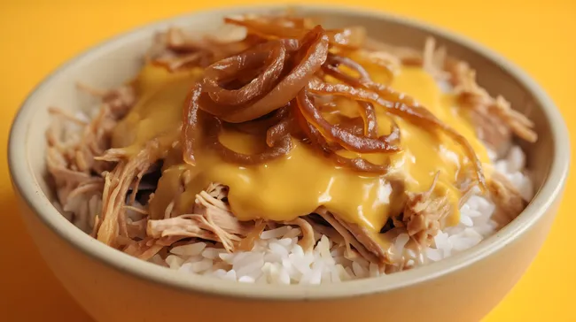 Leckeres Pulled Chicken Gericht mit Käse und Zwiebeln