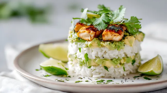 Leckeres Reisgericht mit gegrillter Hühnchenbrust, Avocado und Limette