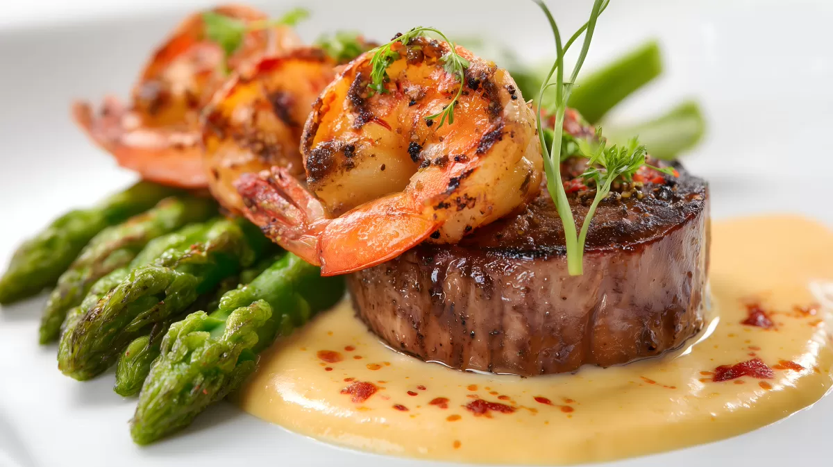 Leckeres Rinderfilet mit gegrillten Garnelen und Spargelgemüse