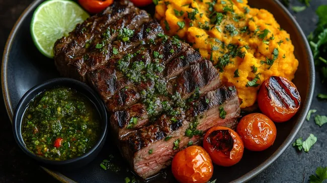 Leckeres Rindersteak mit Süßkartoffelpüree und Chimichurri-Sauce
