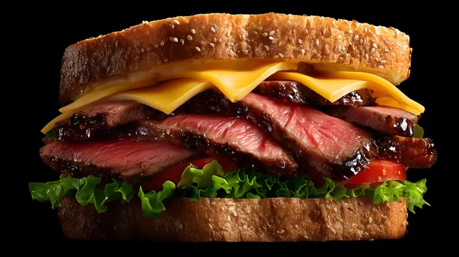 Leckeres Rindfleisch-Sandwich mit Käse und Sesambrot