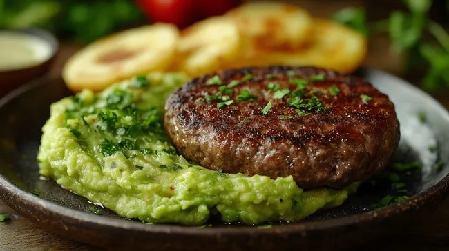 Leckeres Rindfleischsteak mit Avocadopüree
