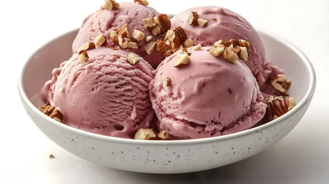 Leckeres rosa Eiskrem-Dessert mit gehackten Nüssen