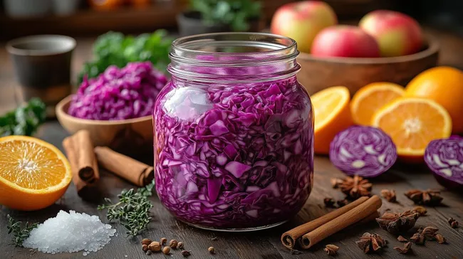 Leckeres Rotkraut-Sauerkraut im Glas mit Zitrusfrüchten
