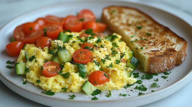 Leckeres Rührei mit frischem Gemüse und knusprigem Toast