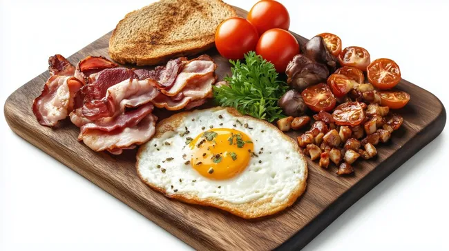 Leckeres rustikales Frühstücksarrangement mit Speck, Ei und Gemüse