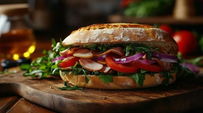 Leckeres Sandwich mit frischem Gemüse und Schinken