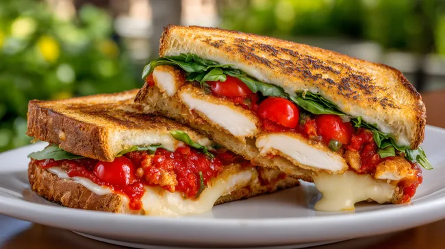 Leckeres Sandwich mit gegrilltem Hühnchen, Tomaten und Käse