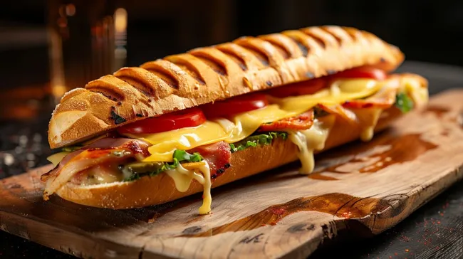 Leckeres Sandwich mit geschmolzenem Käse und frischem Gemüse