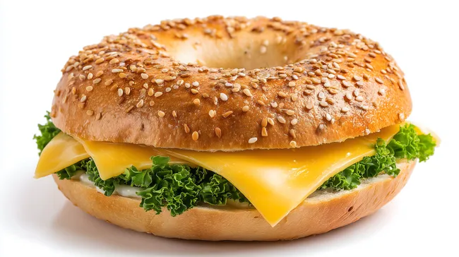 Leckeres Sandwich mit Sesam-Bagel, Käse und Salat