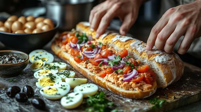 Leckeres Sandwich mit Tomaten, Zwiebeln und Eiern