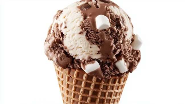 Leckeres Schoko-Eis im Waffelbecher mit Marshmallows