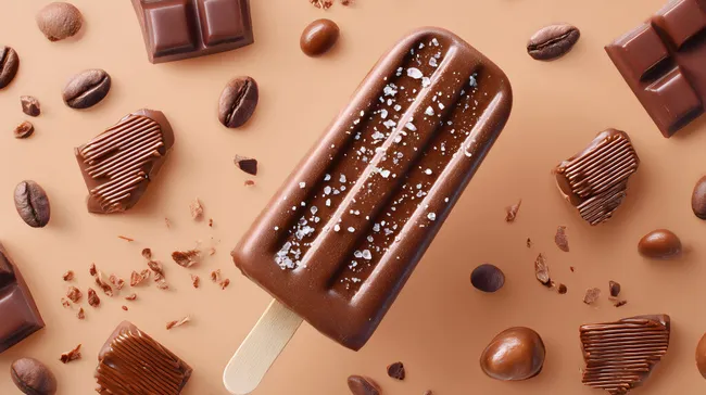 Leckeres Schokoladen-Eis am Stiel mit Kaffeebohnen