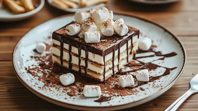 Leckeres Schokoladendessert mit Marshmallows und Sahne