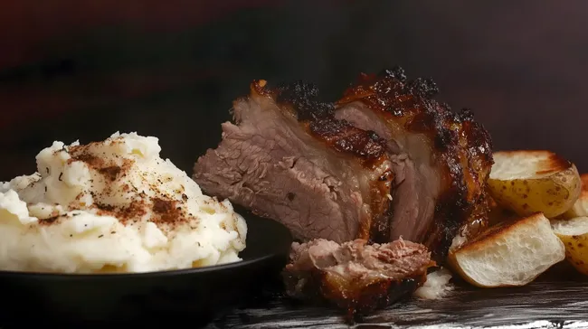 Leckeres Schweinebraten-Menü mit Kartoffelbrei und Ofenkartoffeln
