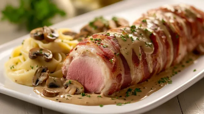 Leckeres Schweinefleisch in Speckmantel mit Pilzsauce