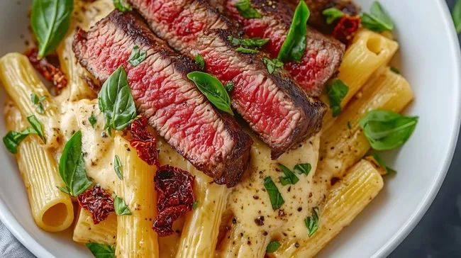 Leckeres Steak auf cremiger Pasta mit frischem Basilikum