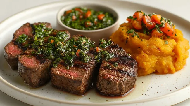 Leckeres Steak mit Chimichurri-Sauce und Süßkartoffelpüree