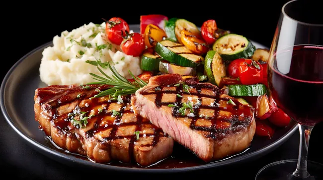 Leckeres Steak mit Grillgemüse und Rotwein