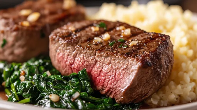 Leckeres Steak mit Spinat und Kartoffelpüree
