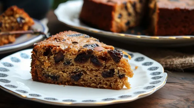 Leckeres Stück Schokoladenkuchen mit Rosinen auf rustikalem Teller