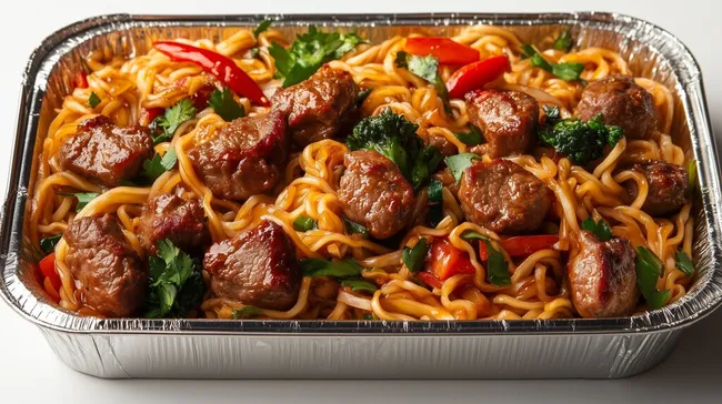 Leckeres Teller-Gericht mit Nudeln und Rindfleisch