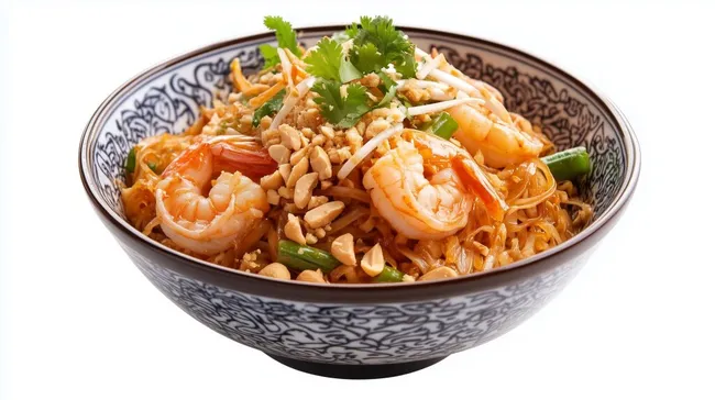 Leckeres Thai-Gericht mit Garnelen und Erdnüssen