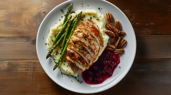 Leckeres Thanksgiving-Gericht mit Truthahn und Beilagen