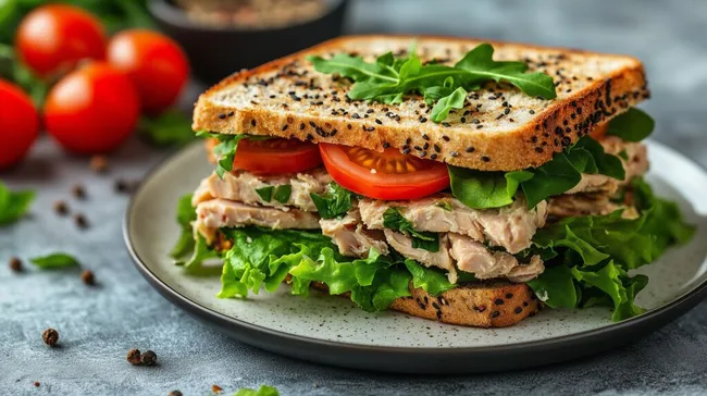Leckeres Thunfisch-Sandwich mit frischen Tomaten und Salat