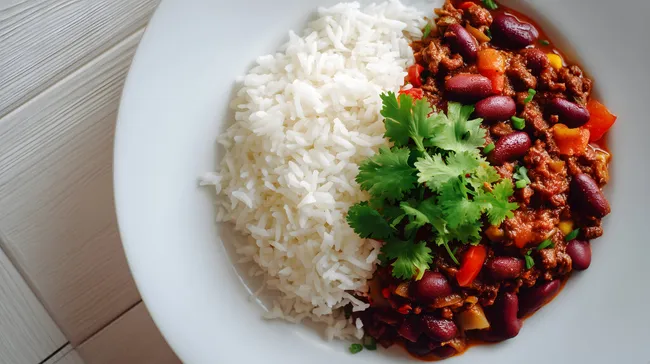 Leckeres veganes Chili mit weißem Reis