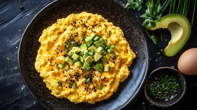 Leckeres veganes Rührei mit Avocado und Kräutern