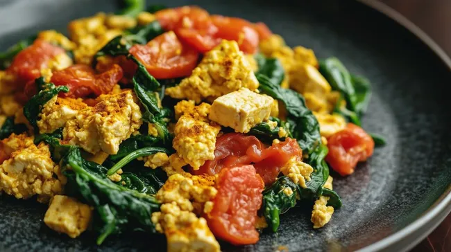 Leckeres veganes Tofu-Scramble mit Spinat und Tomaten