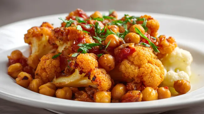 Leckeres vegetarisches Curry mit Blumenkohl und Kichererbsen