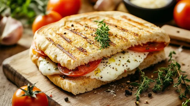 Leckeres vegetarisches Panini mit Mozzarella und Tomaten