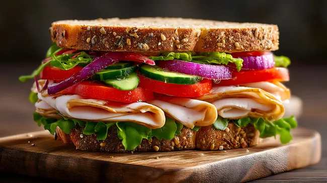 Leckeres Vollkornbrot-Sandwich mit Putenfleisch und Gemüse