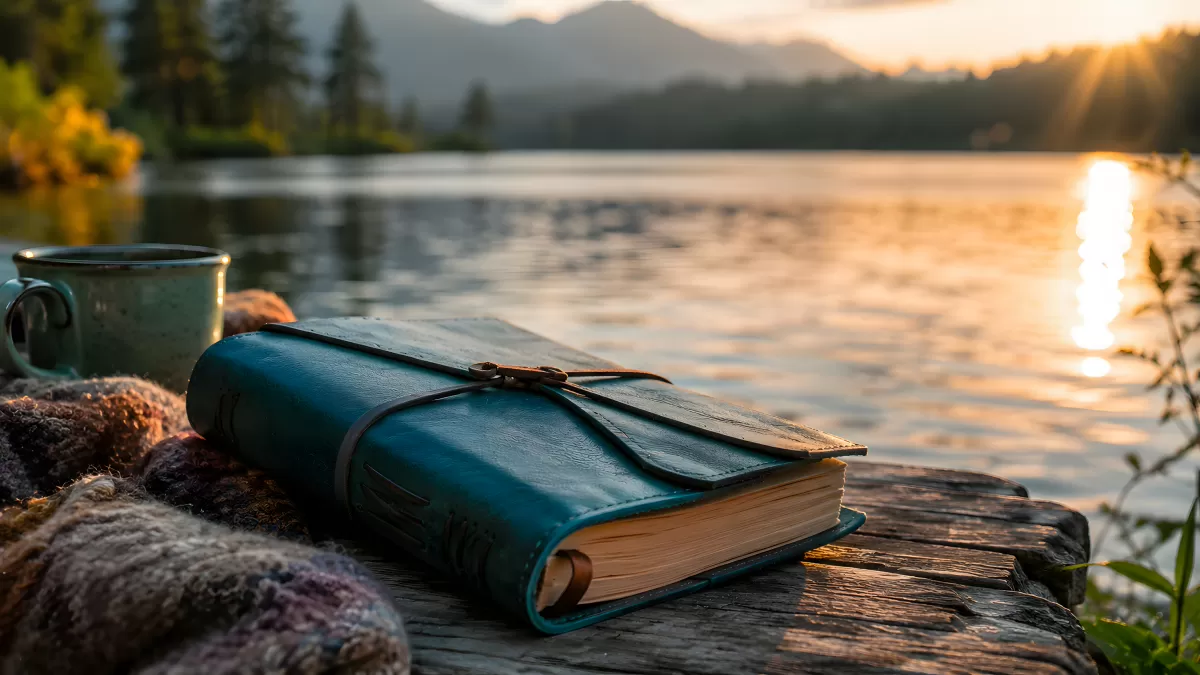 Ledertagebuch auf Holzsteg am See beim Sonnenuntergang
